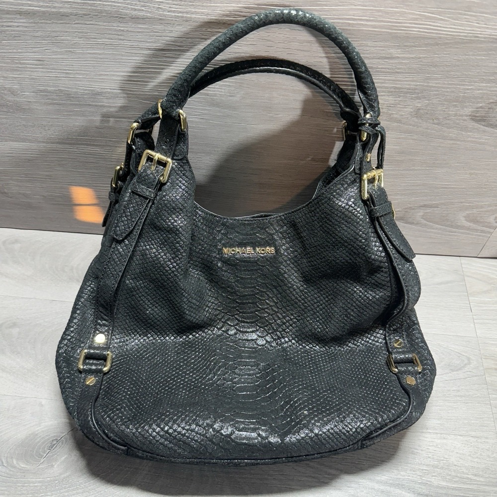 Michael Kors Black Snakeskin Embossed Leather Hobo Shoulder Bag Purse Genuine